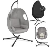 tectake® Hanging Chair with Thick Seat & Back Cushion, 360° Swivel Hammock with Steel Stand, 160 kg Load, Incl. Protective Cover, Weather-Resistant Egg Chair for Indoor & Outdoor Use - Light Grey