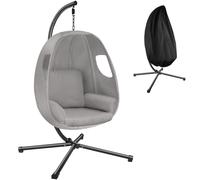 tectake® Hanging Chair - Extra Thick Cushion, 360° Swivel, Steel-Framed Hammock with Four Legs, Non-Slip Feet & Protective Cover - Height-Adjustable Egg Chair for Indoor & Outdoor Use - Light Grey