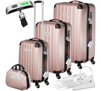 tectake® Hard Shell Suitcase Set, Incl. Extra Large, Large, Medium Suitcases & Beauty Case, Lightweight Suitcases with TSA Lock, ABS Shell, 360° Wheels, Telescopic Handle & Luggage Scale - Rose Gold