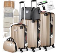 tectake® Hard-Shell Suitcase Set, Incl. 3 Suitcases, Beauty Case & Travel Bag, Travel Luggage Set with 360° Wheels, TSA Locks & Luggage Scale, Lightweight Suitcase Set with ABS Shells - Champagne