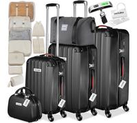 tectake® Hard-Shell Suitcase Set, Incl. 3 Suitcases, Beauty Case & Travel Bag, Travel Luggage Set with 360° Wheels, TSA Locks & Luggage Scale, Lightweight Suitcase Set with ABS Shells - Black