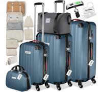 tectake® Hard-Shell Suitcase Set, Incl. 3 Suitcases, Beauty Case & Travel Bag, Travel Luggage Set with 360° Wheels, TSA Locks & Luggage Scale, Lightweight Suitcase Set with ABS Shells - Blue
