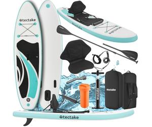 tectake® Inflatable Paddle Board with 2-in-1 Aluminium Paddle, Durable Drop-Stitch Material, Non-Slip Surface, 3-Fin System & Padded Kayak Seat - SUP Board Set, In ir Pump, Backpack & Repair Kit