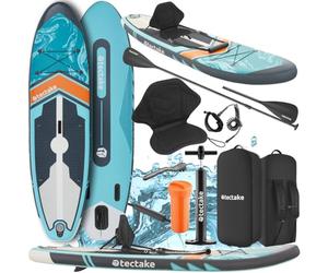tectake® Inflatable Paddle Board with 2-in-1 Aluminium Paddle, Durable Drop-Stitch Material, Non-Slip Surface, 3-Fin System & Padded Kayak Seat - SUP Board Set, In ir Pump, Backpack & Repair Kit