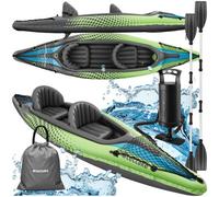 tectake® Inflatable Kayak with Durable PVC Material, Aluminium Double Paddles, 2 Removable Kayak Seats, 2 Attachable Fins & Storage Nets - 2 Person Kayak Set, Incl. Air Pump, Carry Bag & Repair Kit