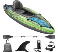 tectake® Inflatable Kayak with Durable PVC Material, Aluminium Double Paddle, 1 Removable Kayak Seat, 2 Attachable Fins & Storage Nets - Single-Seater Kayak Set Incl. Air Pump, Carry Bag & Repair Kit