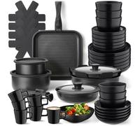 Tectake Kitchen Starter Set For 6 People With Crockery, Pots And More - Black