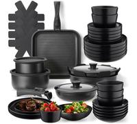 Tectake Kitchen Starter Set For 6 People With Crockery, Pots And More - Black