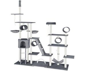 tectake® Large Cat Tree with Multiple Levels, Robust Sisal Scratching Posts, Cosy Cat House, Hammock, 2 Beds, 2 Ladders, 4 Tunnels & Toy Mouse - 261 cm Cat Tower with Adjustable Ceiling Post - Grey