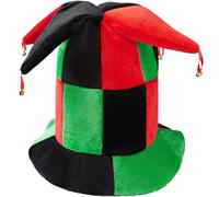 dressforfun 302062 Large Jester Hat, Jester hat with green, red and black Sections and four Horns with golden Bells on the Ends