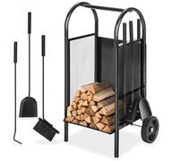 tectake® Log Holder on Wheels for Indoor & Outdoor Firewood Storage, Sturdy Log Store in Steel with Mesh Sides & Two Wheels for Easy Transport, Incl. Fireside Companion Set with Shovel, Broom & Poker