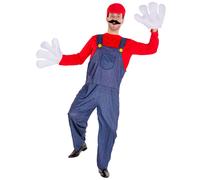 Mens Costume Super Plumber Workman Halloween Fancy Dress Outfit Mario Adult Man