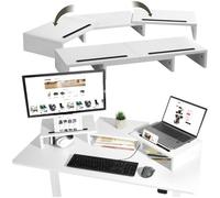 tectake® Dual Monitor Stand for Desk, Ergonomic PC & Laptop Stand with Extendable Side Panels, Durable & Stable Monitor Riser with Extra Storage Space, Incl. 2 Smartphone & Tablet Holders - White