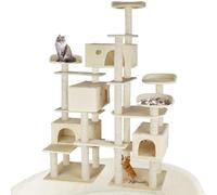 tectake® Multi-Level Cat Tree with Sisal Scratching Posts, 4 Perches & 4 Cosy Houses, Robust Structure with 2 Sturdy Bases & Anti-Tip Protection - 214 cm Cat Tower for Cats & Kittens - Beige