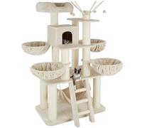tectake® Multi-Level Cat Tree with Sisal Scratching Posts, Soft Plush Cover, Cosy Cat House, Hammock, 4 Beds, Top Perch, Ladder & Toy Balls - 195 cm Cat Tower for Cats & Kittens - Beige/White