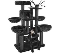 tectake® Multi-Level Cat Tree with Sisal Scratching Posts, Soft Plush Cover, Cosy Cat House, Hammock, 4 Beds, Top Perch, Ladder & Toy Balls, 195 cm Cat Tower for Cats & Kittens - Black