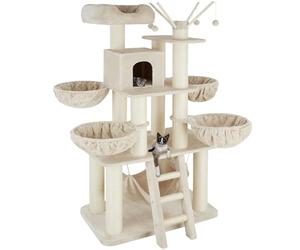 tectake® Multi-Level Cat Tree with Sisal Scratching Posts, Soft Plush Cover, Cosy Cat House, Hammock, 4 Beds, Top Perch, Ladder & Toy Balls - 195 cm Cat Tower for Cats & Kittens - Beige/White