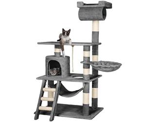 tectake® Multi-Level Cat Tree with Sisal Scratching Posts, Soft Plush Cover, Cosy House, Hammock, Tunnel, Bed, Ladder & Play Rope - 141cm Cat Tower with Anti-Tip Protection - Grey