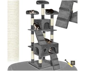 tectake® Multi-Level Cat Tree with Sisal Scratching Posts, Soft Plush Fabric, 2 Cosy Houses, 3 Perches, 2 Ladders, Durable & Stable Build - 170 cm Cat Tower with Anti-Tip Protection - Grey
