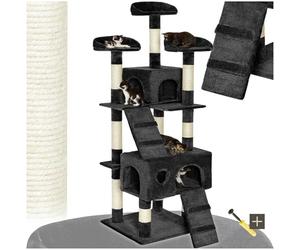 tectake® Multi-Level Cat Tree with Sisal Scratching Posts, Soft Plush Fabric, 2 Cosy Houses, 3 Perches, 2 Ladders, Durable & Stable Build - 170 cm Cat Tower with Anti-Tip Protection - Black