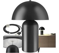 tectake® Mushroom Table Lamp in Coated Steel, 5W Battery-Powered, Rechargeable Lamp with USB-C Cable, Cordless Portable Touch Light with 3-Step Dimming Function for Living Room, Bedroom - Black