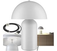 TecTake® Mushroom Table Lamp in Coated Steel, 5W Battery-Powered, Rechargeable Lamp with USB-C Cable, Cordless Portable Touch Light with 3-Step Dimming Function for Living Room, Bedroom - White