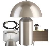 tectake® Mushroom Table Lamp in Coated Steel, 5W Battery-Powered, Rechargeable Lamp with USB-C Cable, Cordless Portable Touch Light with 3-Step Dimming Function for Living Room, Bedroom - Nickel Matt