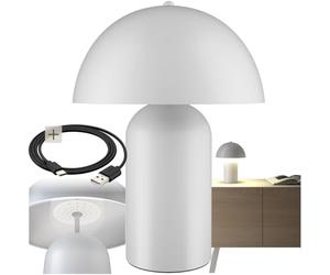 tectake® Mushroom Table Lamp in Coated Steel, 5W Battery-Powered, Rechargeable Lamp with USB-C Cable, Cordless Portable Touch Light with 3-Step Dimming Function for Living Room, Bedroom - White