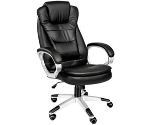 tectake® Office Chair with Faux Leather Cover & Extra-Thick Padding, Ergonomic Desk Chair with Headrest & High Backrest, Height-Adjustable Swivel Chair with Rocking Function & 5 Double Castors - Black