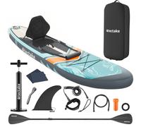 tectake® Inflatable Paddle Board with 2-in-1 Aluminium Paddle, Durable Drop-Stitch Material, Non-Slip Surface, 3-Fin System & Padded Kayak Seat - SUP Board Set, Incl. Air Pump, Backpack & Repair Kit