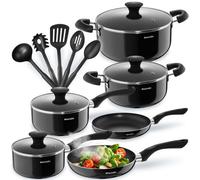 Tectake Pan Set Varese - 15-Piece, 4 Pots, 2 Pans, Non-Stick, Including Kitchen Utensils - Black