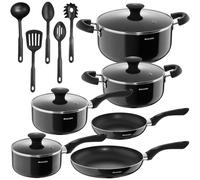 tectake® 15-Piece, Aluminium Pot & Pan Set with Non-Stick Coating & Kitchen Utensils, Heat-Resistant Handles, Dishwasher-Safe - 4 Pots, 2 Pans, 4 Glass Lids & 5-Piece Kitchen Utensils Set - Black