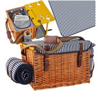 tectake® Wicker Picnic Basket for 4 People with Fold-Out Table, Picnic Set, Incl. 24-Piece Dinnerware Set, Cooler Compartment & Picnic Blanket, Woven Willow Hamper Basket with Adjustable Carry Strap