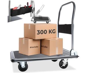 tectake® Platform Trolley with 300 kg Load Capacity, Foldable Handle, Storage Pocket, 4 Castors & 2 Lockable Brakes, Robust Steel, Folding Trolley on Wheels for Warehouse, Moving, Office, Garden