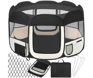 tectake® Pop-Up Pet Play Pen with Sturdy Steel Frame, 2 Inlets/Outlets, Mesh Roof & Sides, Side Pocket, In arrying Case & 4 Pegs, Quick Setup, Easy Clean - 8-Corner Dog Pen, 115x115x64cm - Black