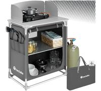 tectake® Portable Camping Kitchen with 2 Shelves, 3 External Pockets, Heat-Resistant Worktop & Zipped Door, Outdoor Storage Cupboard with Lightweight Aluminium Frame, In arry Bag - Grey