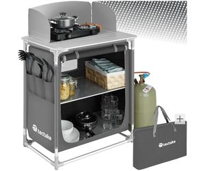 tectake® Portable Camping Kitchen with 2 Shelves, 3 External Pockets, Heat-Resistant Worktop & Zipped Door, Outdoor Storage Cupboard with Lightweight Aluminium Frame, In arry Bag - Grey