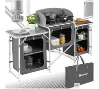 tectake® Portable Camping Kitchen with 5 Internal Shelves, Heat-Resistant Worktop, Wind Barrier & Zipped Doors - Outdoor Storage Cupboard with Lightweight Aluminium Frame, In arry Bag - Grey