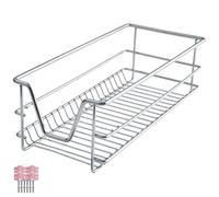 tectake® Pull-Out Drawer Basket with Smooth Telescopic Rails, Wire Storage Basket in Chrome-Plated Steel, Easy Installation, Ideal Cupboard Organiser for Kitchen, Bedroom, Bathroom, Pantry - W30 cm
