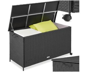 tectake® Rattan Garden Storage Box in UV-Resistant Polyrattan, 253L Outdoor Storage Box with Lockable Swivel Wheels, Aluminium Frame & Gas Spring, Balcony, Patio & Garden Cushion Storage - Black