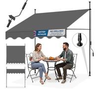 Tectake Retractable Patio Awning With Hand Crank, Pressure Fitted, Height Adjustable 200 X 180 Cm - Black/grey