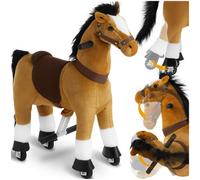 tectake® Rocking Horse for Toddlers & Children, Detailed Ride On Horse with Saddle, Halter, Mane & Tail, Non-Slip Handles & Pedals, Toy Horse with Comfortable Plush Fabric & Wheels - 29 x 76 x 85 cm