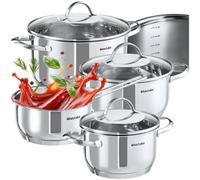 Tectake Saucepan Set Bologna - 4 Stainless Steel Pots, 3 Glass Lids, Induction Safe & Incl. Measuring Lines - Silver