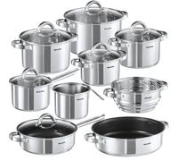 tectake® 15-Piece Pot & Pan Set in Stainless Steel with Non-Stick Coating, Pots & Saucepan Set, Incl. Steamer, Milk Pot & Glass Lids, Dishwasher-Safe Cookware Set for Induction, Gas, Electric Stoves