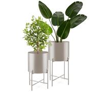 tectake® Set of 2 Plant Stands in Sleek, Robust Steel with Slim Frames, Floor-Friendly Planters with Removable Flower Pots, Outdoor & Indoor Plant Stand Set for Living Room, Patio, Balcony - Taupe