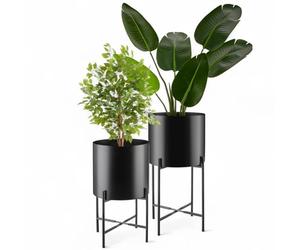 tectake® Set of 2 Plant Stands in Sleek, Robust Steel with Slim Frames, Floor-Friendly Planters with Removable Flower Pots, Outdoor & Indoor Plant Stand Set for Living Room, Patio, Balcony - Black