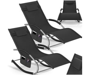 Tectake Set Of 2 Sun Lounger Taya With Rocking Function, Ergonomic Form, Padded Armrests & Headrest - Black