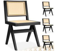 Tectake Set Of 4 Accent Chair Lizzy With Mid-Century Modern Design, Rattan Backrest And Solid Wood Frame - Black