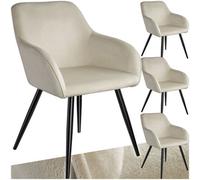 Tectake Set Of 4 Dining Chair Marilyn - With Armrests, Padded, Velvet Look, Black Steel Legs - Cream/black
