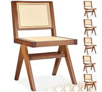 Tectake Set Of 6 Accent Chair Lizzy With Mid-Century Modern Design, Rattan Backrest And Solid Wood Frame - Dark Oak